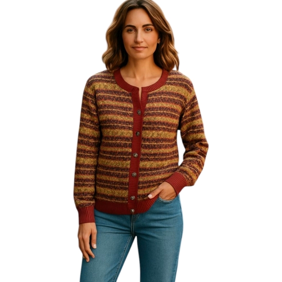 Wool Made In Scotland Old Money Tan/Burgundy Patterned Cardigan Sz S - Picture 2 of 11